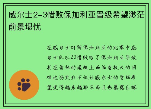 威尔士2-3惜败保加利亚晋级希望渺茫前景堪忧