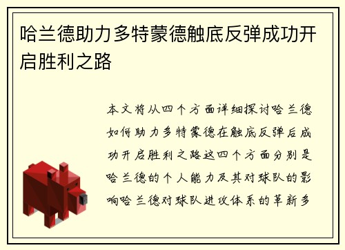 哈兰德助力多特蒙德触底反弹成功开启胜利之路